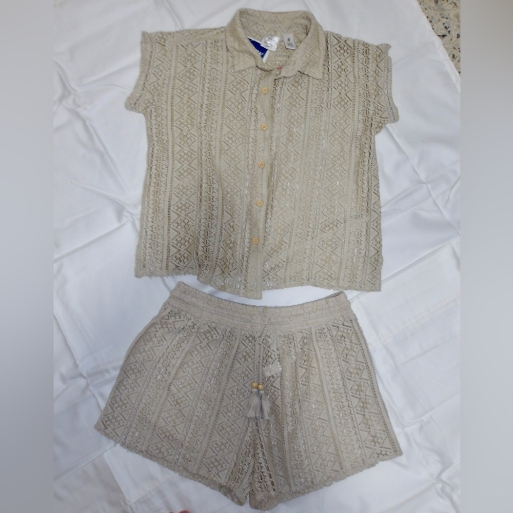 Beige Crochet Top and Shorts Set